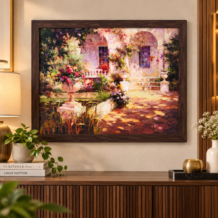 Anupam Blooming Garden Villa Framed Wall Painting – Premium Multicolour Home Decor Artwork, Size - 31 × 23 Inch