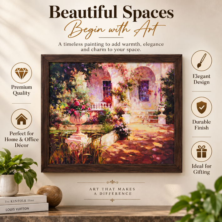 Anupam Blooming Garden Villa Framed Wall Painting – Premium Multicolour Home Decor Artwork, Size - 31 × 23 Inch