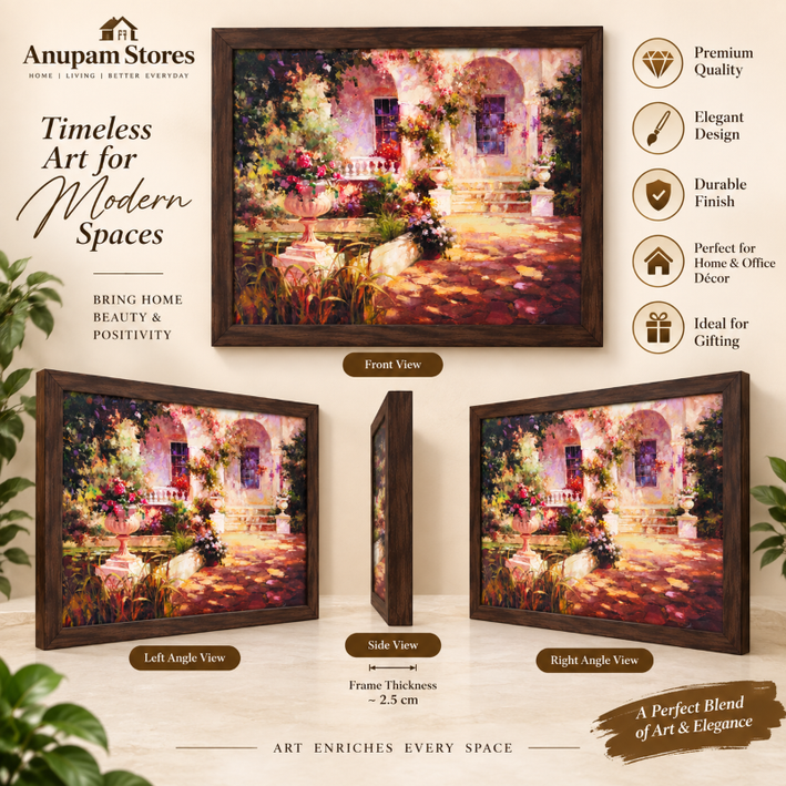 Anupam Blooming Garden Villa Framed Wall Painting – Premium Multicolour Home Decor Artwork, Size - 31 × 23 Inch