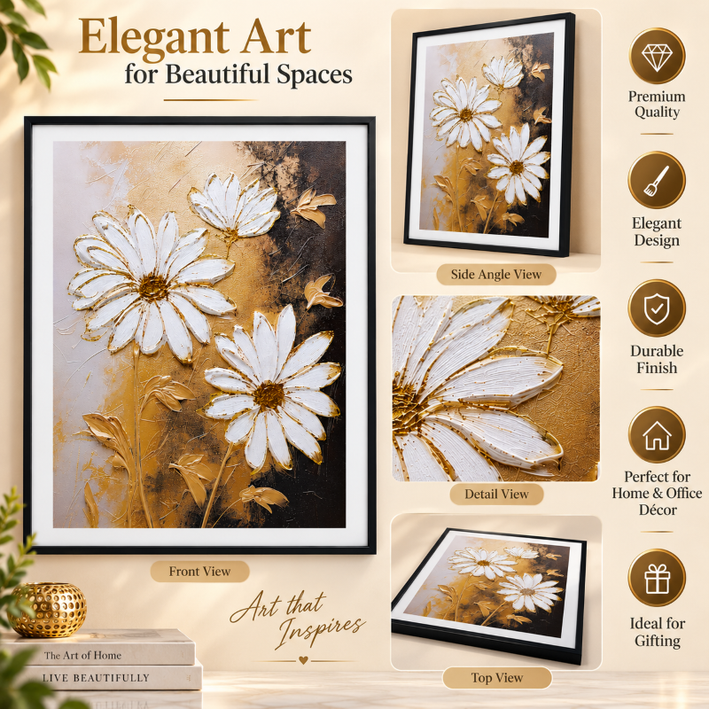 Anupam Premium 3D Embossed White Floral Metal Frame Painting | Wall Painting Photo Frame for Home Decor Gift Items– 20 x 16 Inch