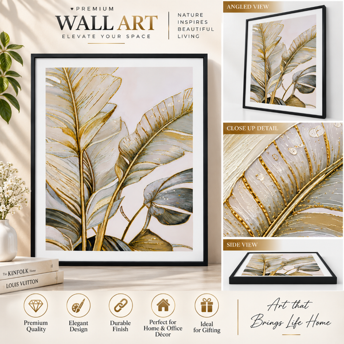 Anupam Premium 3D Embossed Tropical Leaf Metal Frame Painting | Wall Painting Home Decor Gift Items– 20 x 16 Inch