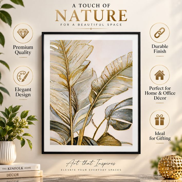 Anupam Premium 3D Embossed Tropical Leaf Metal Frame Painting | Wall Painting Home Decor Gift Items– 20 x 16 Inch