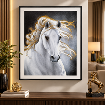 Anupam Premium 3D Embossed White Horse Metal Framed Painting with Golden Accents Wall Painting | Home Decor Gift Items – 20 x 16 Inch (Multicolor)