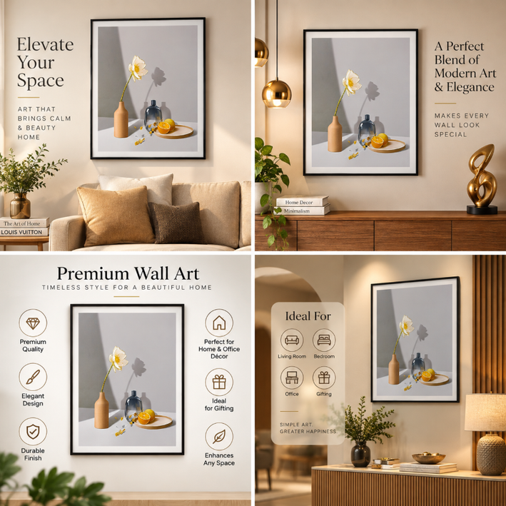 Anupam Premium Minimalist Floral Vase 3D Emboss Metal Framed Wall Painting – Modern Still Life Artwork, 31 × 23 Inch