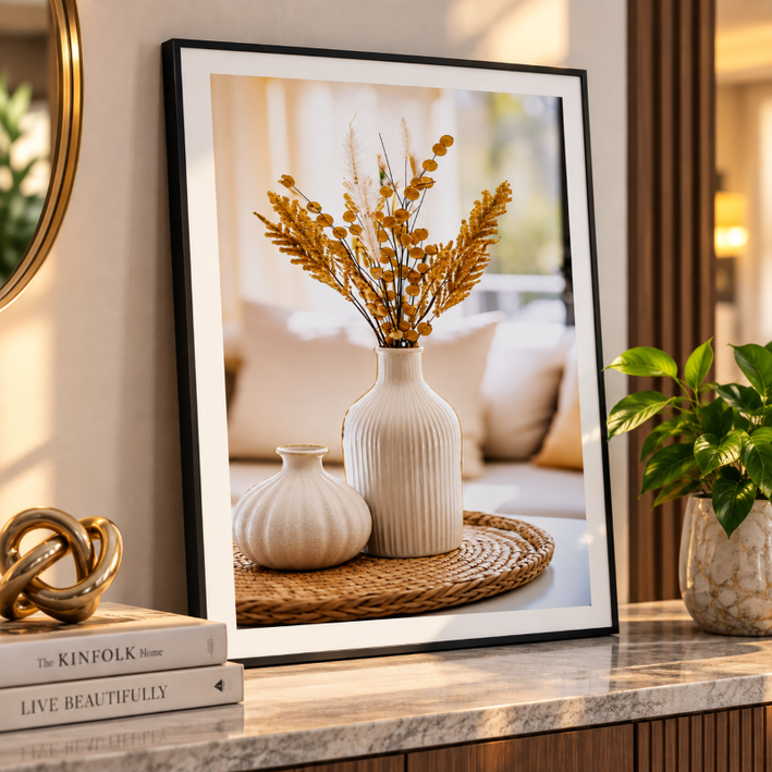 Anupam Pregents Premium 3D Embossed Golden Botanical Vase Metal Framed Painting | Wall Paintings for Home Decor Gift Items– 28 x 20 Inch