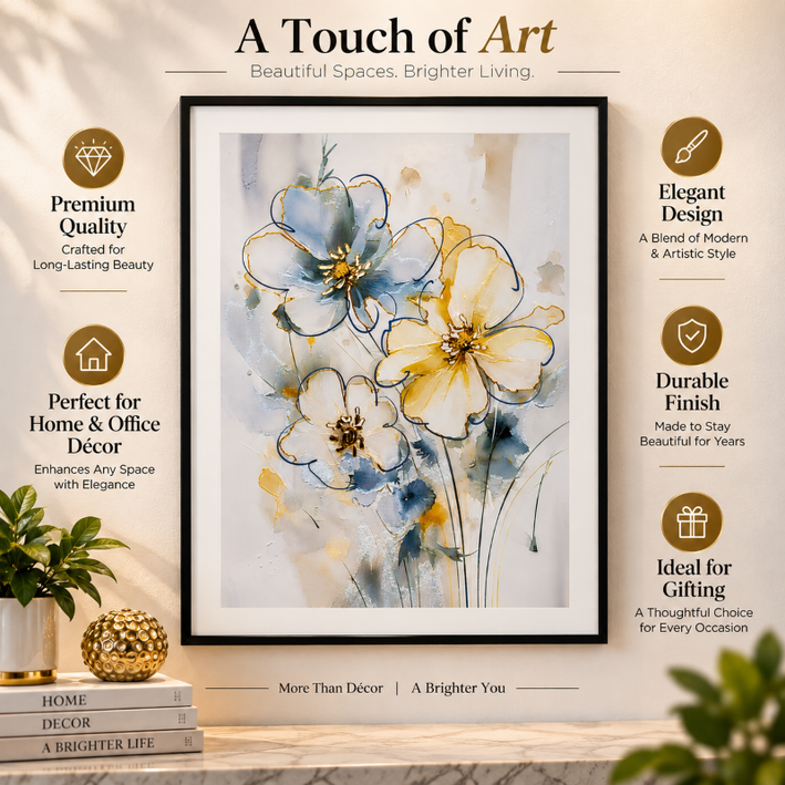 Anupam Premium 3D Embossed Blue & Gold Floral Metal Framed Painting | Wall Painting for Home Decor Gift Items – 28 x 20 Inch