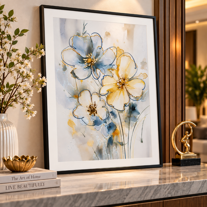 Anupam Premium 3D Embossed Blue & Gold Floral Metal Framed Painting | Wall Painting for Home Decor Gift Items – 28 x 20 Inch