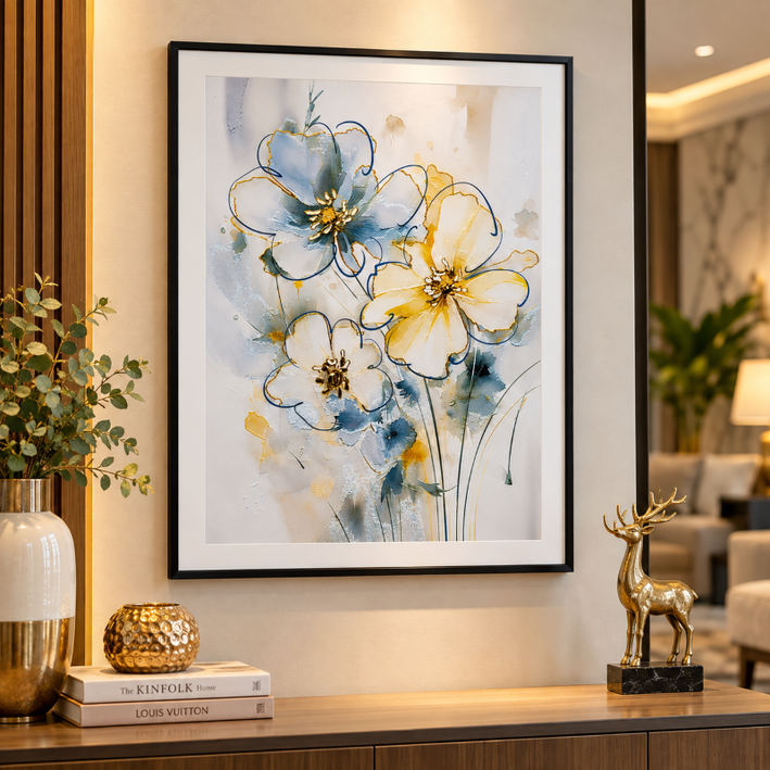 Anupam Premium 3D Embossed Blue & Gold Floral Metal Framed Painting | Wall Painting for Home Decor Gift Items – 28 x 20 Inch
