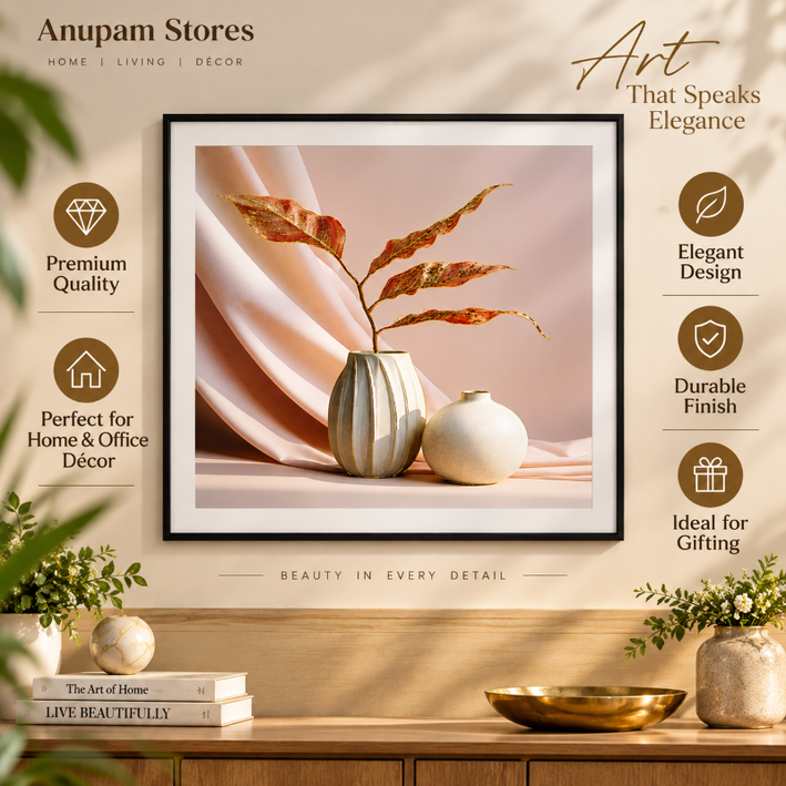 Anupam Premium 3D Embossed Vase & Botanical Metal Frame Painting | Wall Painting For Home Decor Gift Items – 28 x 20 Inch