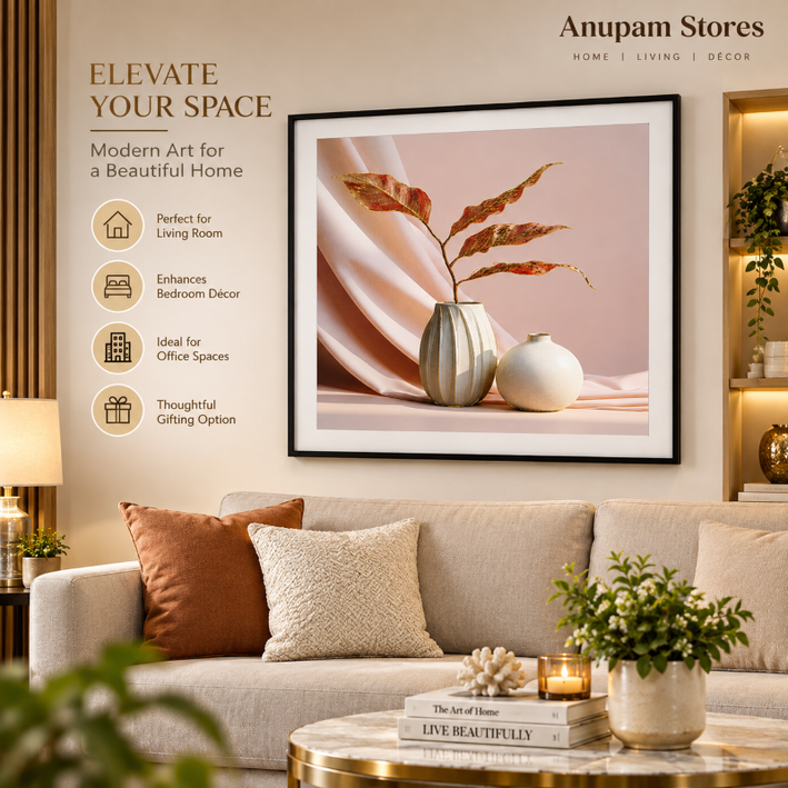 Anupam Premium 3D Embossed Vase & Botanical Metal Frame Painting | Wall Painting For Home Decor Gift Items – 28 x 20 Inch