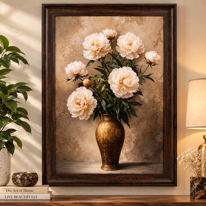 Anupam Premium White Peony Floral Metal Framed Wall Painting – 18 x 26 Inch Premium Botanical Wall Art for Living Room & Home Decor