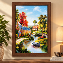 Anupam Premium Scenic Countryside Cottage & River Wooden Framed Wall Painting – 18 x 26 Inch Premium Landscape Wall Art for Home & Office Decor
