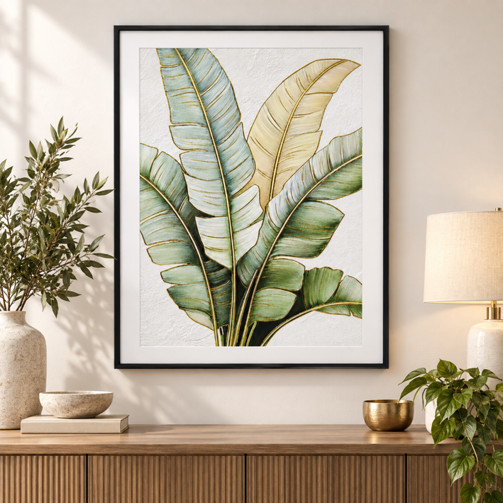 Anupam Premium 3D Embossed Tropical Banana Leaf Metal Frame Painting | Wall Photo Frame– 28 x 20 Inch (Multicolor