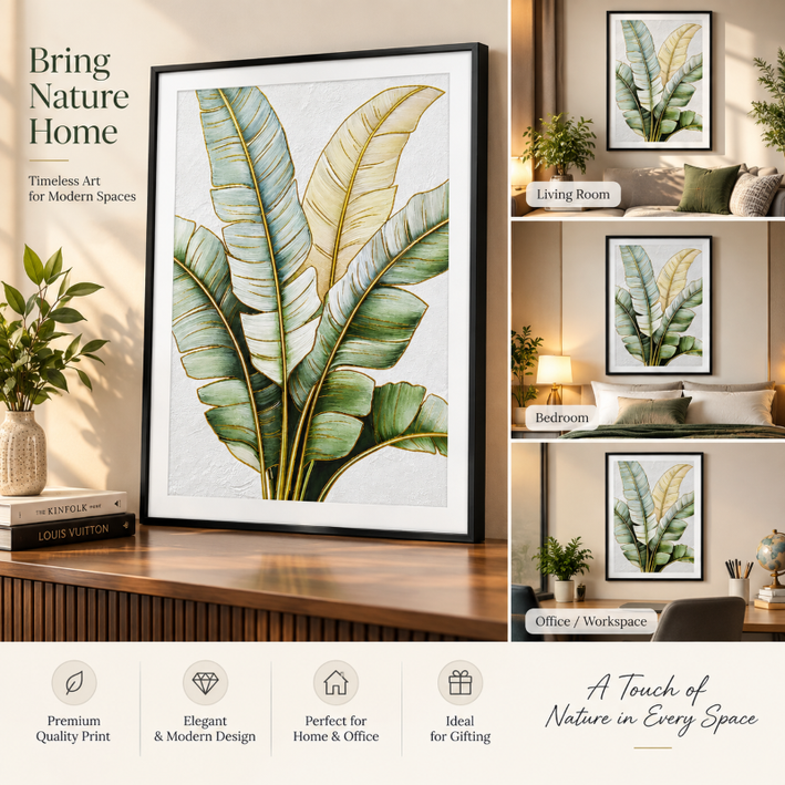 Anupam Premium 3D Embossed Tropical Banana Leaf Metal Frame Painting | Wall Photo Frame– 28 x 20 Inch (Multicolor