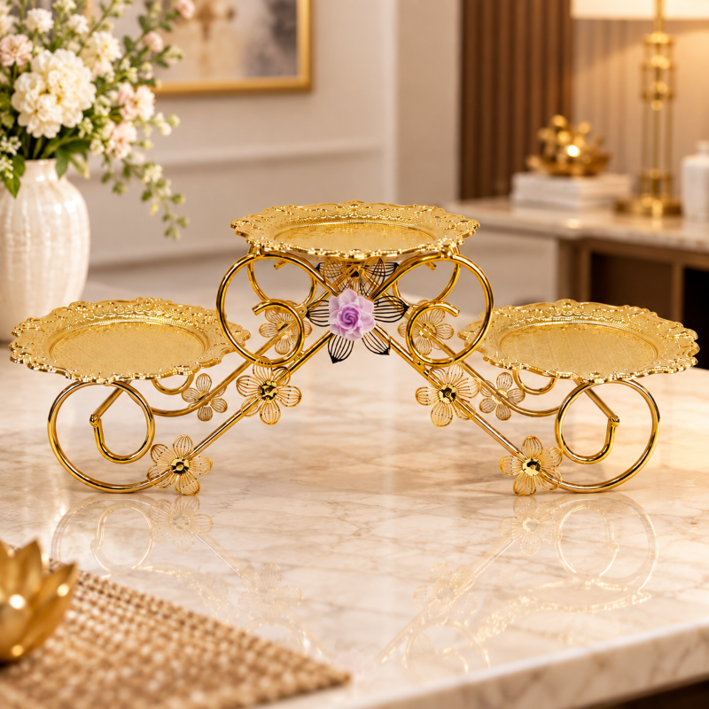 Anupam Premium Golden 3-Tier Decorative Serving Stand with Floral Design | Luxury Table Decor Gift Items