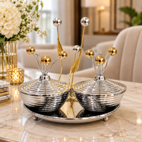 Anupam Premium Double Bowl Decorative Serving Set with Golden Floral Stand | Luxury Table Decor Serveware - Best Gift Item (Pack of 1)
