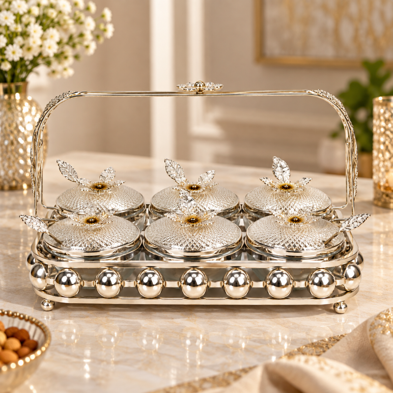 Anupam Premium Silver 6-Jar Dry Fruit Serving Set with Decorative Handle Tray | Luxury Tableware Gift Items