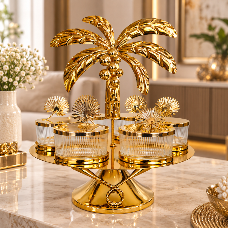 Anupam Premium Golden 4-Jar Dry Fruit Serving Set with Palm Tree Stand | Luxury Table Decor Gift Items