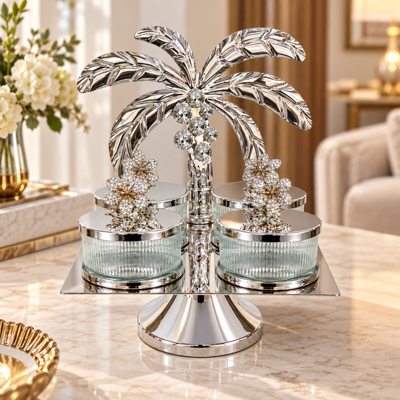 Anupam Premium Silver 4-Jar Dry Fruit Serving Set with Palm Tree Stand | Luxury Table Decor Gift Items