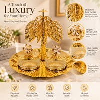 Anupam Premium Golden Double Jar Dry Fruit Serving Set with Decorative Palm Stand | Luxury Table Decor Gift Items