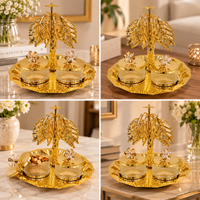 Anupam Premium Golden Double Jar Dry Fruit Serving Set with Decorative Palm Stand | Luxury Table Decor Gift Items
