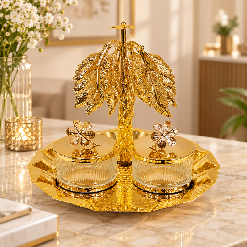 Anupam Premium Golden Double Jar Dry Fruit Serving Set with Decorative Palm Stand | Luxury Table Decor Gift Items