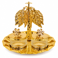 Anupam Premium Golden Double Jar Dry Fruit Serving Set with Decorative Palm Stand | Luxury Table Decor Gift Items