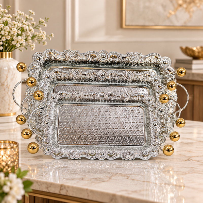 Anupam Premium Silver Decorative Serving Tray Set with Golden Ball Handles | Luxury Tableware Gift Items