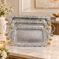 Anupam Premium Silver Decorative Serving Tray Set with Golden Ball Handles | Luxury Tableware Gift Items
