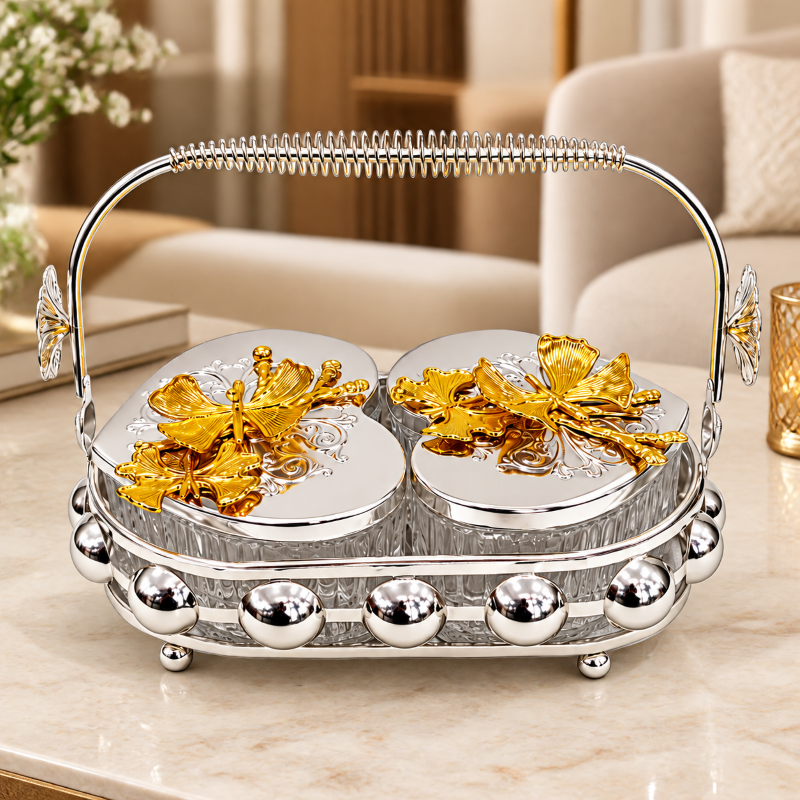 Anupam Premium 2-Compartment Serving Bowl Set with Silver & Gold Floral Lid | Luxury Tableware Gift Items