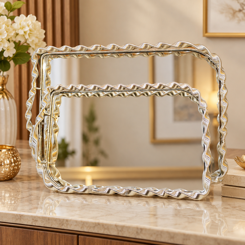 Anupam Luxury Gold Decorative Tray Set of 2 with Textured Wavy Border for Home Decor, Serving and Premium Gifting