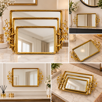 Anupam Luxury Golden Mirror Decorative Tray Set of 3 with Floral Side Handles for Home Decor, Serving and Premium Gifting
