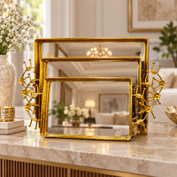 Anupam Luxury Golden Mirror Decorative Tray Set of 3 with Floral Side Handles for Home Decor, Serving and Premium Gifting
