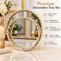 Anupam Luxury Silver Mirror Decorative Tray Set of 2 with Textured Wavy Border for Home Decor, Vanity Styling and Premium Gifting