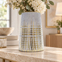 Anupam Premium Gorgeous Modern Grey & Gold Grid Pattern Ceramic Vase for Home Decor Gift Items - Flower Sticks Not Included