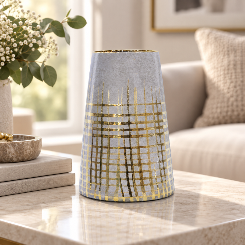 Anupam Premium Gorgeous Modern Grey & Gold Grid Pattern Ceramic Vase for Home Decor Gift Items - Flower Sticks Not Included