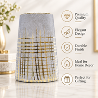 Anupam Premium Gorgeous Modern Grey & Gold Grid Pattern Ceramic Vase for Home Decor Gift Items - Flower Sticks Not Included
