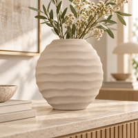 Anupam Premium Graceful Beige Ribbed Round Ceramic Vase for Modern Home Decoration Gift Items - Flower Sticks Not Included