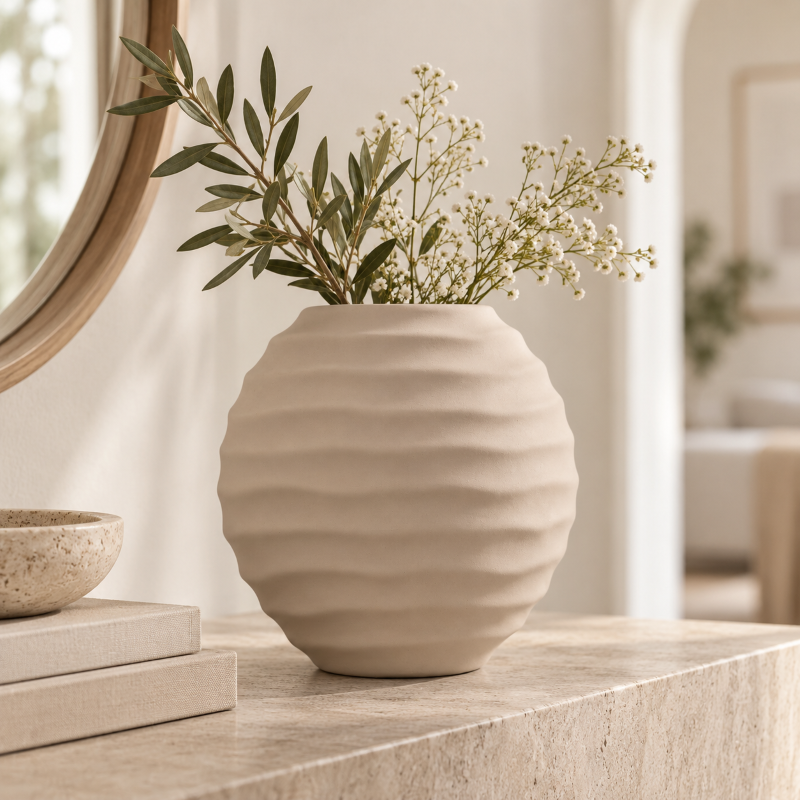 Anupam Premium Graceful Beige Ribbed Round Ceramic Vase for Modern Home Decoration Gift Items - Flower Sticks Not Included