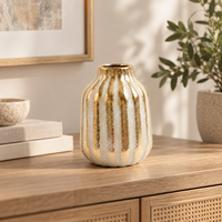 Anupam Premium Stunning Elegant White & Gold Stripe Ceramic Vase Without Flower Stick - Golden (Pack of 1)