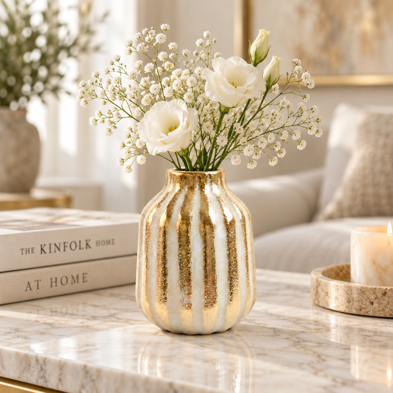 Anupam Premium Stunning Elegant White & Gold Stripe Ceramic Vase Without Flower Stick - Golden (Pack of 1)