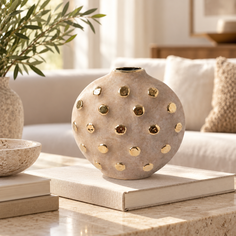 Anupam Premium Enchanting Beige Ceramic Vase with Gold Dot Design Without Flower Sticks for Home Decor Gift Items - Pack of 1