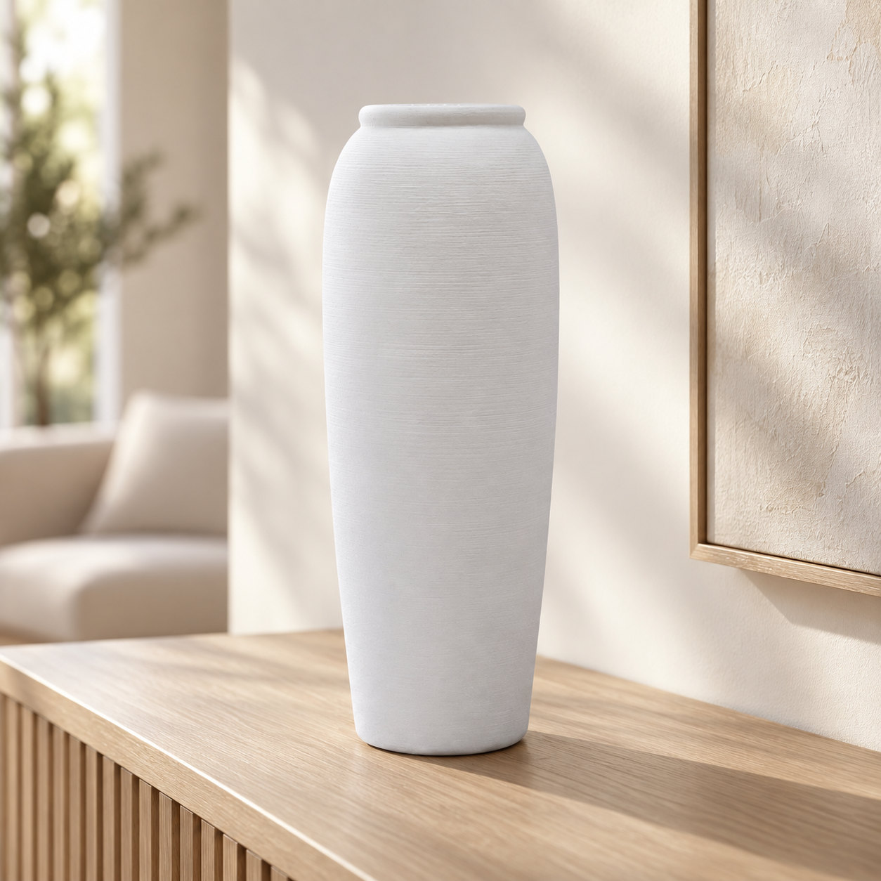 Anupam Premium Elegant White Ceramic Flower Pot - Tall Textured Floor or Table Vase for Modern Home Decor