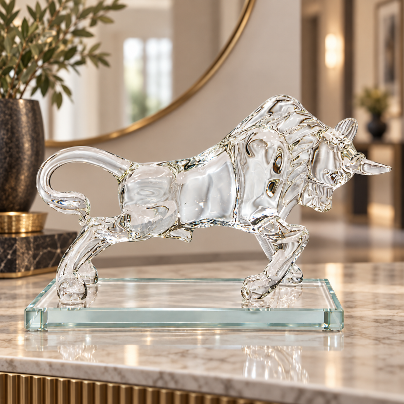Anupam Premium Crystal Bull Showpiece with Glass Base | Luxury Home & Office Decor Gift Items - Pack of 1