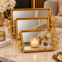 Anupam Luxury Golden Mirror Decorative Tray Set of 3 with Floral Side Handles for Home Decor, Serving and Premium Gifting