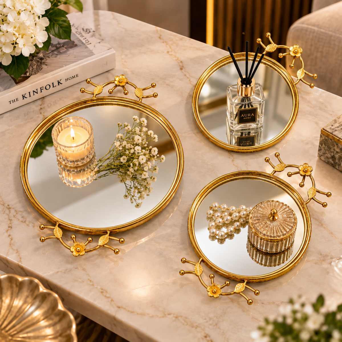 Anupam Luxury Golden Mirror Decorative Round Tray Set of 3 with Floral Border Detailing for Home Decor, Serving and Premium Gifting