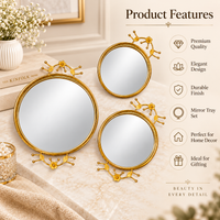 Anupam Luxury Golden Mirror Decorative Round Tray Set of 3 with Floral Border Detailing for Home Decor, Serving and Premium Gifting