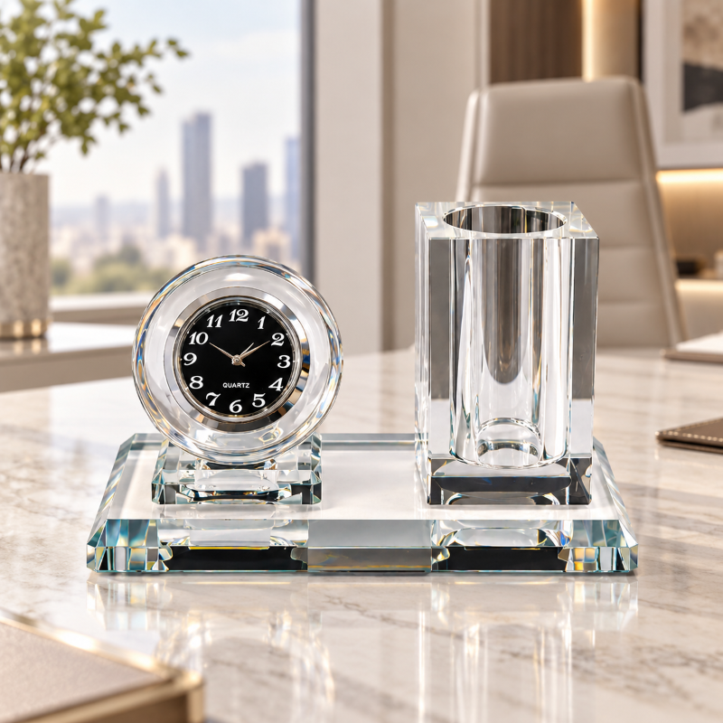 Anupam Luxury Crystal Desk Organizer with Clock & Pen Holder | Elegant Office Table Decor Gift Items - Pack of 1