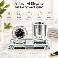 Anupam Luxury Crystal Desk Organizer with Clock & Pen Holder | Elegant Office Table Decor Gift Items - Pack of 1
