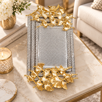 Anupam Luxury Golden Leaf Decorative Serving Tray with Crystal Border Detailing for Home, Dining, Festive Decor and Premium Gifting